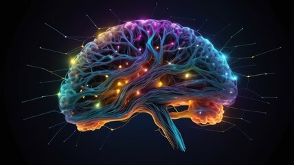 Colorful 3D visualization of human brain with neural connections and glowing nodes on dark background. Medical science concept illustration