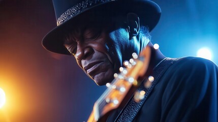 Guitarist performing on stage, dramatic lighting, focused expression.
