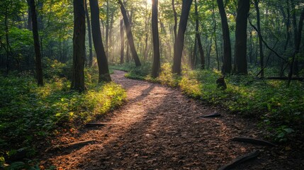 Fototapeta premium A Sunlit Path Winding Through a Dense Forest