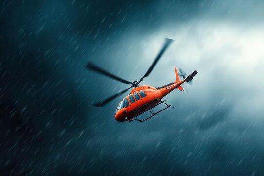 Helicopter flying through a stormy sky, dramatic clouds and rain.