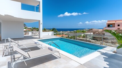 Rooftop with Infinity Pool and Ocean View: A penthouse rooftop featuring an infinity pool blending with the horizon, overlooking the ocean, with modern chaise lounges and glass railings for an open