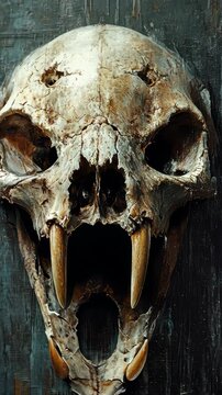 Detailed examination of a sabertooth skull highlighting feline anatomical features