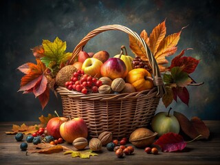 Autumn Basket of Colorful Fruits and Nuts on Dark Textured Background for Seasonal Decor