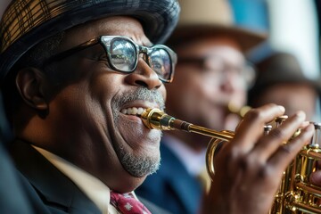Musician playing trumpet, joyful expression, band performance, close-up.