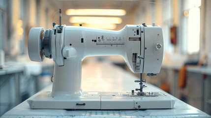 Fototapeta premium Industrial sewing machine in a bright room, emphasizing precision and modern textile production.