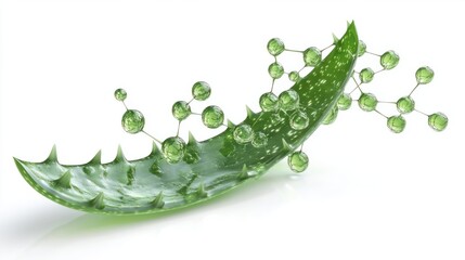 Aloe vera leaf with biochemical structure of aloin, representing medicinal properties, isolated on white