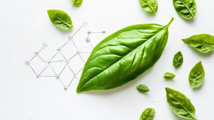 Obraz premium Basil leaf with flavonoid structure overlay, showcasing health-promoting compounds, isolated on white
