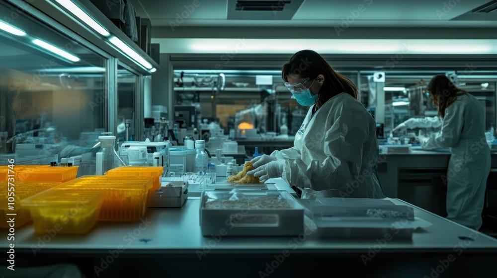 Poster a scientist in protective gear working in a laboratory