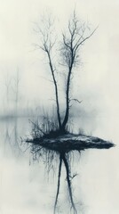 Charcoal Sketch of Trees Reflecting in Water