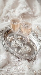 Elegant Champagne Flutes on Silver Tray with Pearl Necklace and White Lace