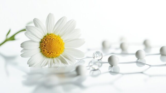 Chamomile flower with apigenin molecule overlay, representing calming properties, isolated on white