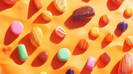 An artistic layout of assorted candies on a sunny orange surface, creating a fun and lively scene for your text.