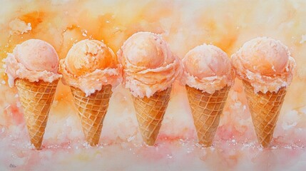 Delicious peach ice cream scoops sit in waffle cones, beautifully arranged against a warm, inviting pastel backdrop that evokes a sunny day