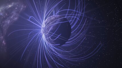 The abstract visual representation of the magnetic field is full of imagination, spreading out these luminous lines as a perfect loop center point around the central object