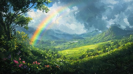Vibrant Rainbow Over Lush Landscape