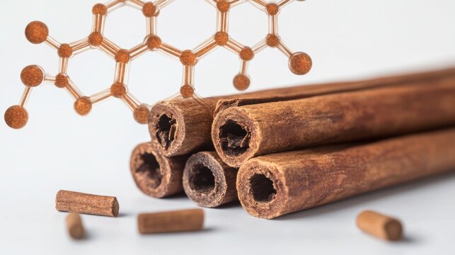 Cinnamon stick with overlay of cinnamaldehyde molecule, symbolizing flavor compounds, isolated on white
