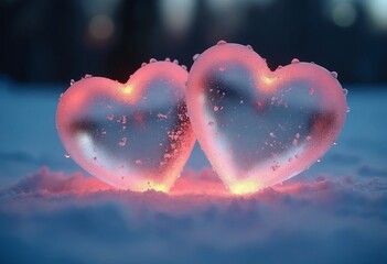 Fototapeta premium Two ice hearts glowing with warm light, symbolizing love and unity in a frozen setting