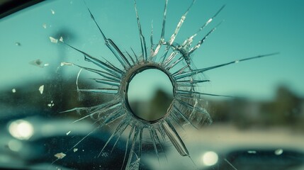 broken horizontal glass, bullet hole in a car's windshield