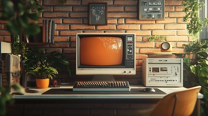 Vintage PC setup with thick monitor and keyboard on a clean modern desk capturing the essence of old technology in high detail