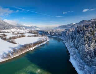 Beautiful winter road going through the Switzerland, mountains, magical lake and small winter town. Magical winter