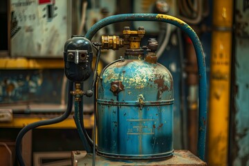 Rusty blue acetylene gas cylinder standing in a workshop