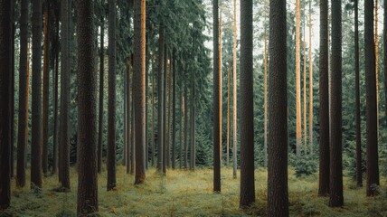 Obraz premium Workers gather lumber in a dense woodland pine forest during the harvest season, showcasing nature's bounty.