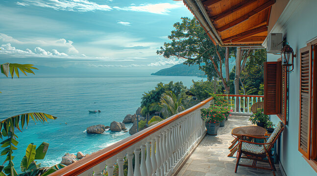 A nice balcony of a good house. with the wonderful interior design with a view of sea.