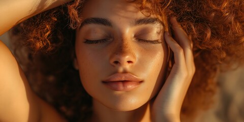 Fototapeta premium A woman with red hair and brown eyes is laying on the beach. She has a relaxed and carefree expression on her face