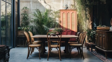 An inviting dining area showcasing a beautifully restored vintage table surrounded by eclectic chairs, perfect for a stylish home decor