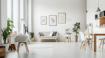 An inviting modern studio with a white background, featuring various photography equipment, creating a perfect environment for artistic projects