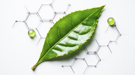 Green tea leaf with catechin molecule overlay, representing antioxidant benefits, isolated on white