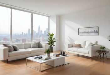 A modern, minimalist living room with large windows overlooking a city skyline. The room features a white sofa, armchair, and coffee table, along with a potted plant and a laptop on the table.