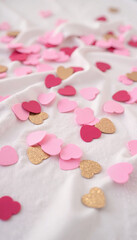 Obraz premium Paper Heart Confetti in Pink and Gold Glitter on White Fabric