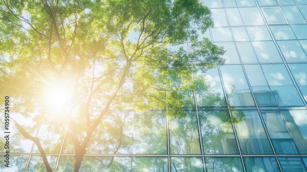 Poster a sunlit view of a tree reflecting on a glass building, showcasing nature and architecture.