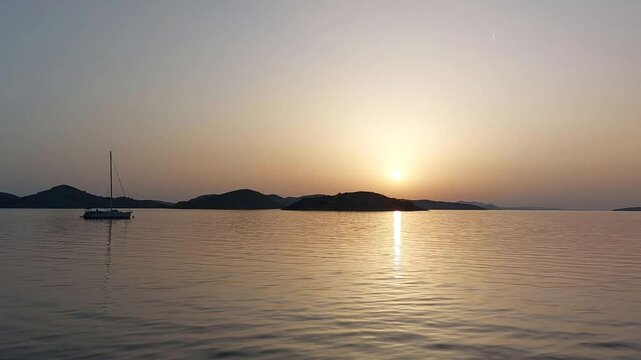 View of sunset and yacht. Sunset in Adriatic calm sea. Rippling water and boat. Golden sunset light shine through ocean. View of the yacht at red sunset. Sun is failing behind mountain.