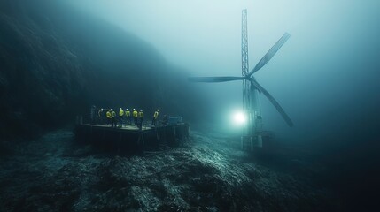 A team is constructing a wind turbine in the ocean
