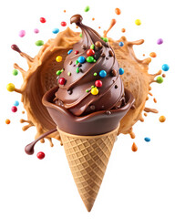 Colorful ice cream cones with splash on transparent background