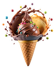 Colorful ice cream cones with splash on transparent background