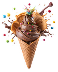 Colorful ice cream cones with splash on transparent background