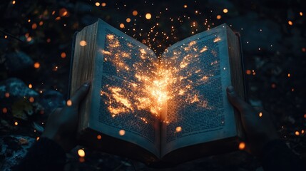 Bright, glowing lights emanating from an open magic book, casting magical energy into the surrounding dark environment.