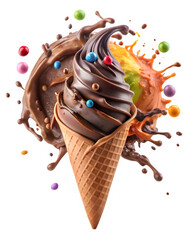 Colorful ice cream cones with splash on transparent background