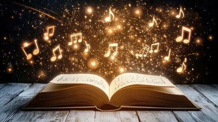 Bright musical symbols fly from an open book on a white wooden table, floating toward the sky, evoking the magic of music.