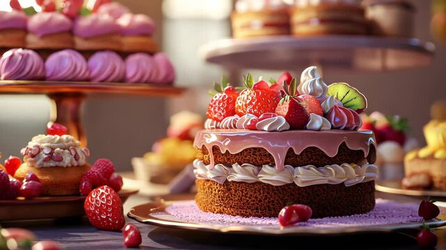 A vibrant display of assorted cakes and pastries, showcasing a delightful dessert spread.