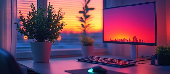 A desktop computer with a keyboard, mouse, and plants, with a window view of a sunset over a city skyline.