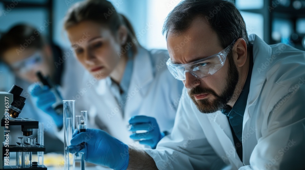 Poster a concentrated scientist examining test tubes in a laboratory setting