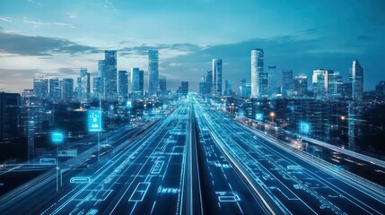 A futuristic cityscape with illuminated roads and digital elements, depicting urban technology.