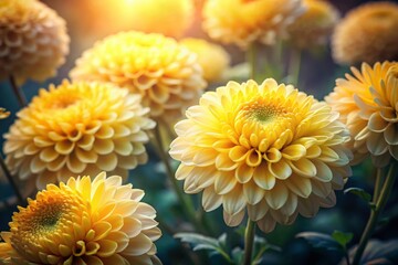 Obraz premium Beautiful Yellow Chrysanthemum Blossoms in Low Light Garden Setting for Stunning Floral Photography