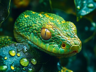 A close up of a green snake on a leaf