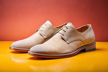 Beige Suede Shoes on Colorful Background - Stylish Footwear Photography for Fashion and Lifestyle Use