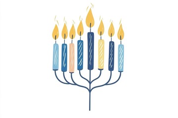Stylized menorah with colorful candles and flames